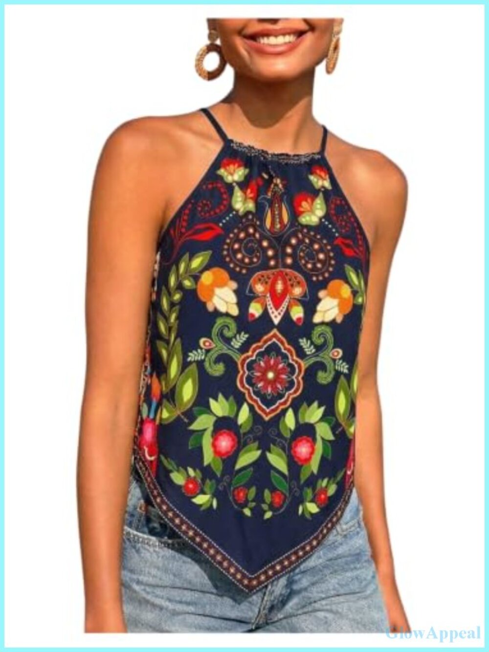 Boho Halter Tank Top Floral Print Sleeveless Summer Camisole